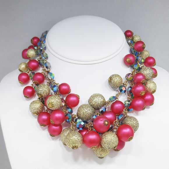 Vintage AB Crystals Red & Gold Beaded Necklace, Three Strands, 1960s - Picture 10 of 10